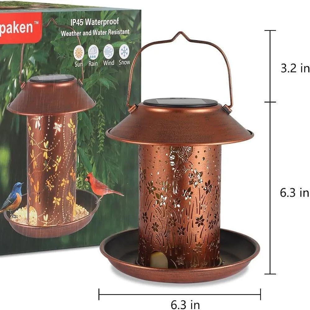 Solar-powered iron art garden lamp and bird feeder with hummingbird pattern design.