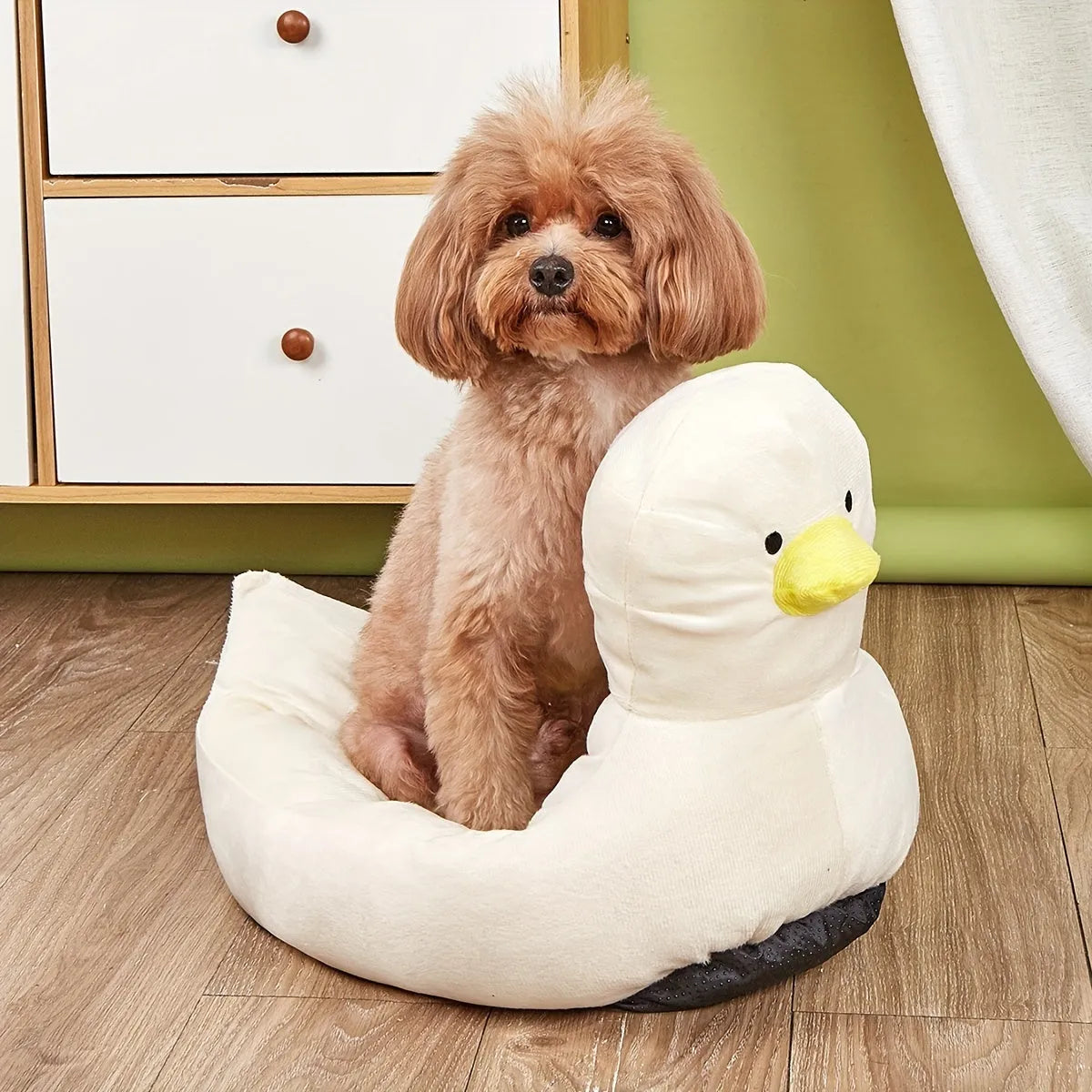 Blue duck-shaped fluffy pet bed sofa for small dogs and cats on floor