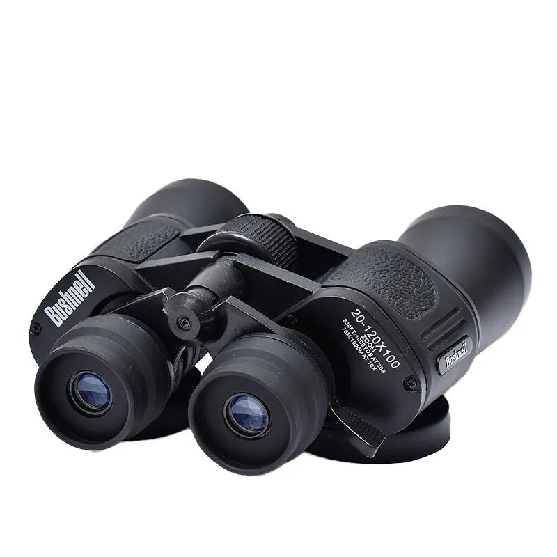 Black outdoor telescope binoculars with large 100mm objective lenses and continuous zoom control.