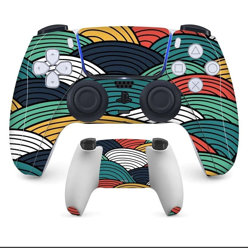Set of frosted PS5 controller grip stickers showing front and back panels in a custom design.
