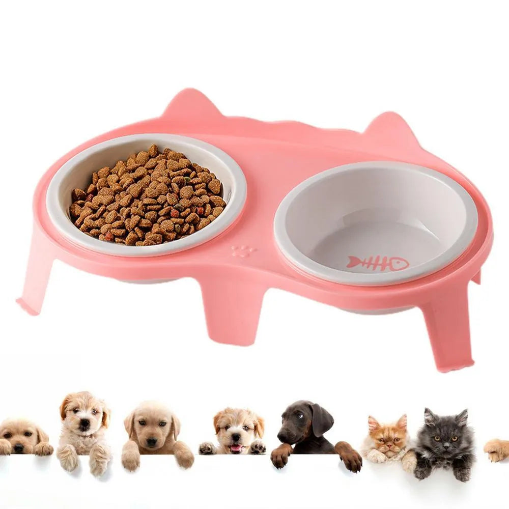 Ceramic cat food and water bowl set with elevated tilted design on ABS stand with hook