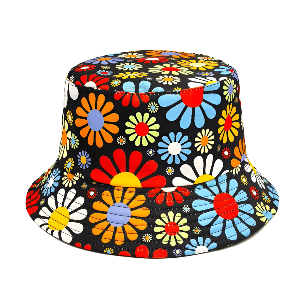 Colourful floral pattern polyester bucket hat with a dome crown on a neutral background.