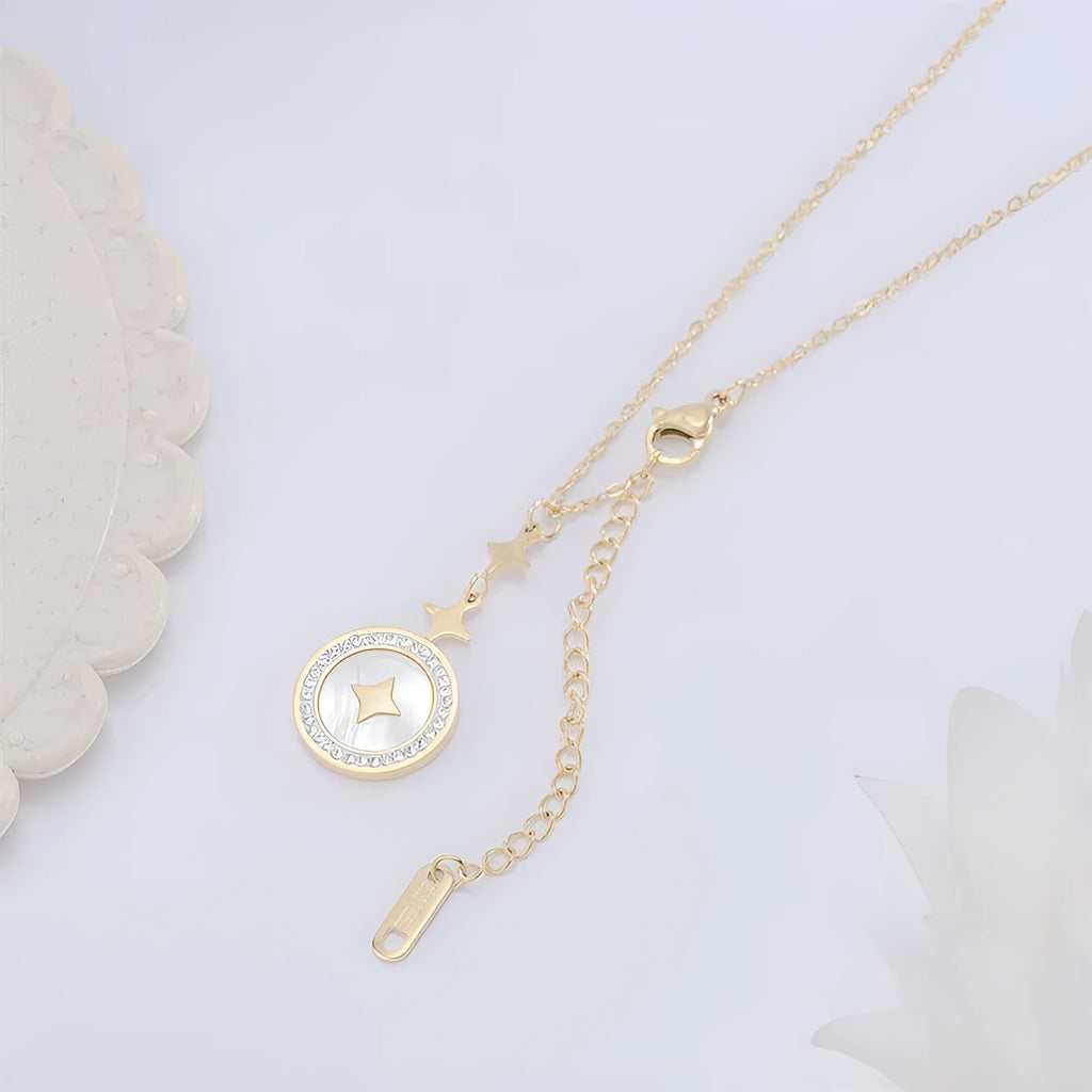 Women's titanium steel necklace with six-pointed star pendant on O-ring chain in gold finish