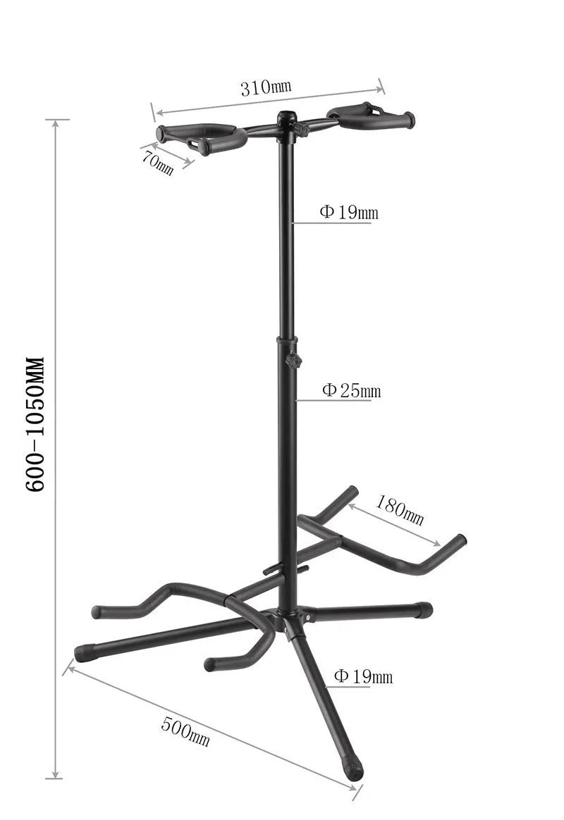 Black iron vertical double-headed adjustable guitar stand holding two instruments