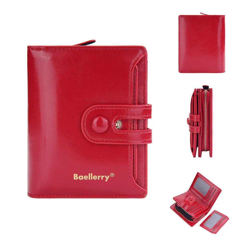 A compact PU leather card holder wallet for women, shown in multiple colour options.