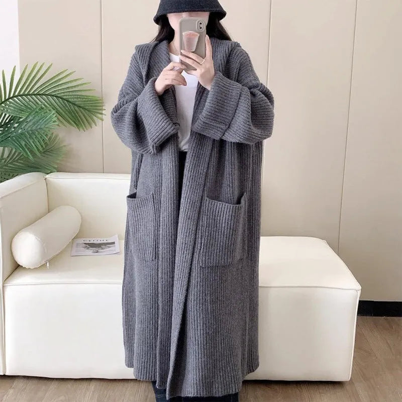 Women's loose hooded cardigan coat in extended 80cm length with raglan sleeves