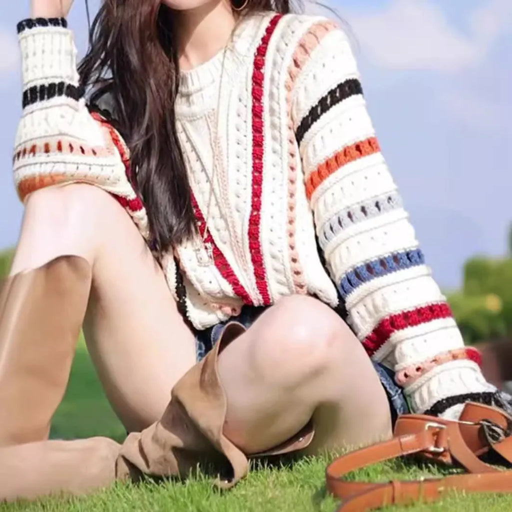 Rainbow striped hollow knit pullover sweater with batwing sleeves in loose casual style