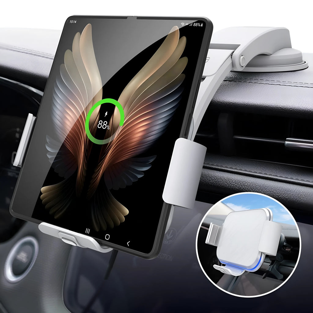 Grey wireless charging car phone holder for folding screen mobiles with AC clip and suction cup mount.