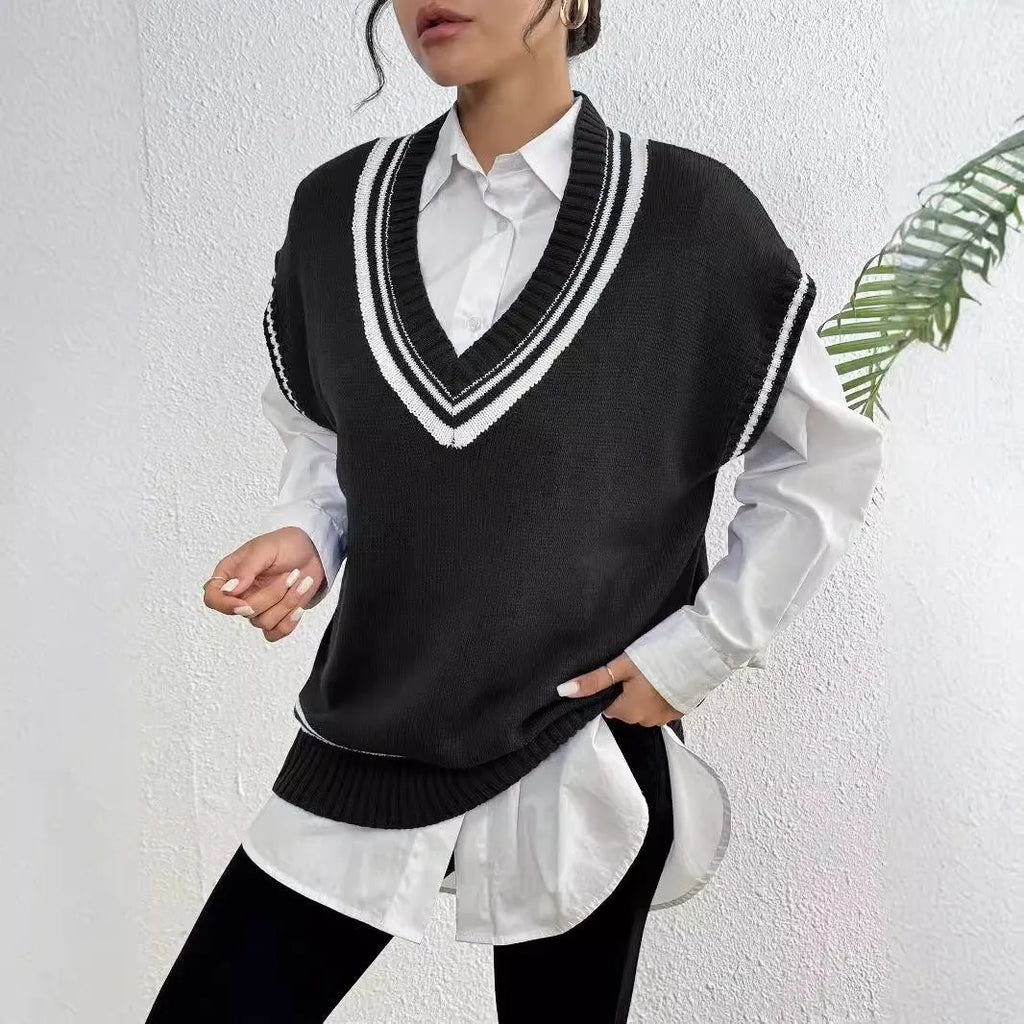 Loose fit blue women's vest sweater in college style, shown as a pullover on a hanger.