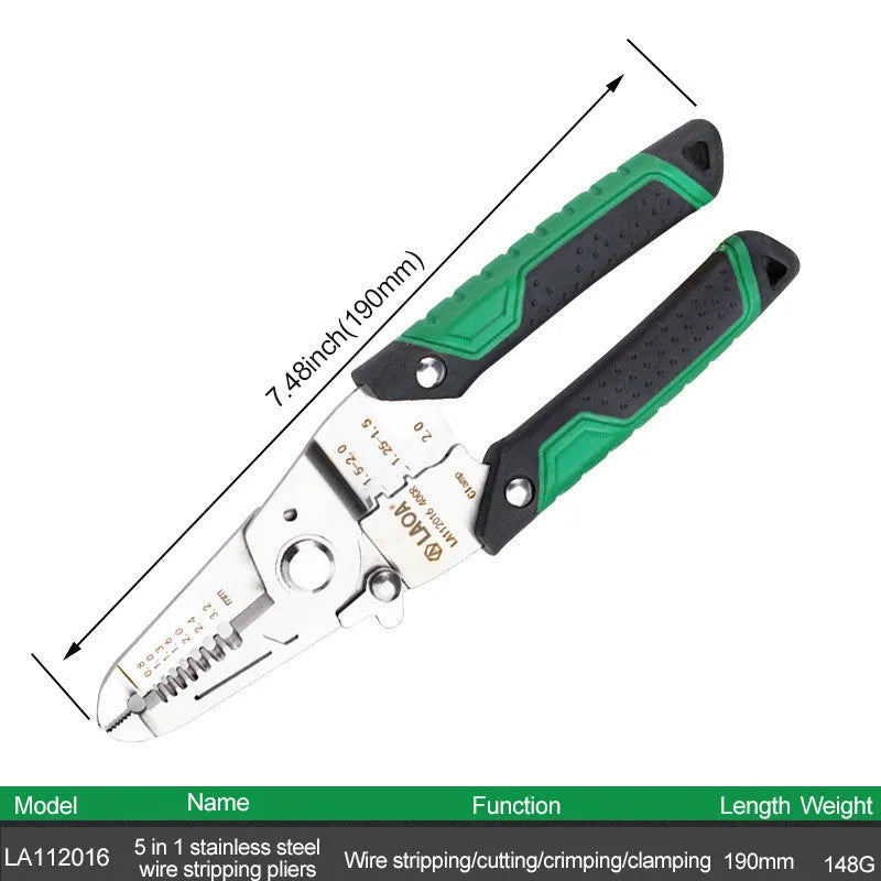 Stainless steel multifunction wire stripper and crimping pliers with two-colour handle showing seven stripping ports.