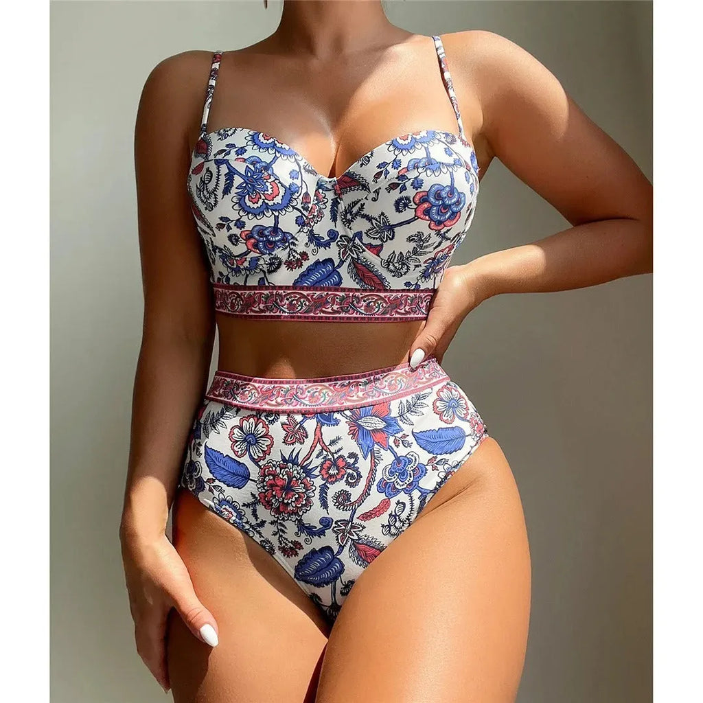 Blue women's high-waisted push-up bikini swimsuit in polyester fabric