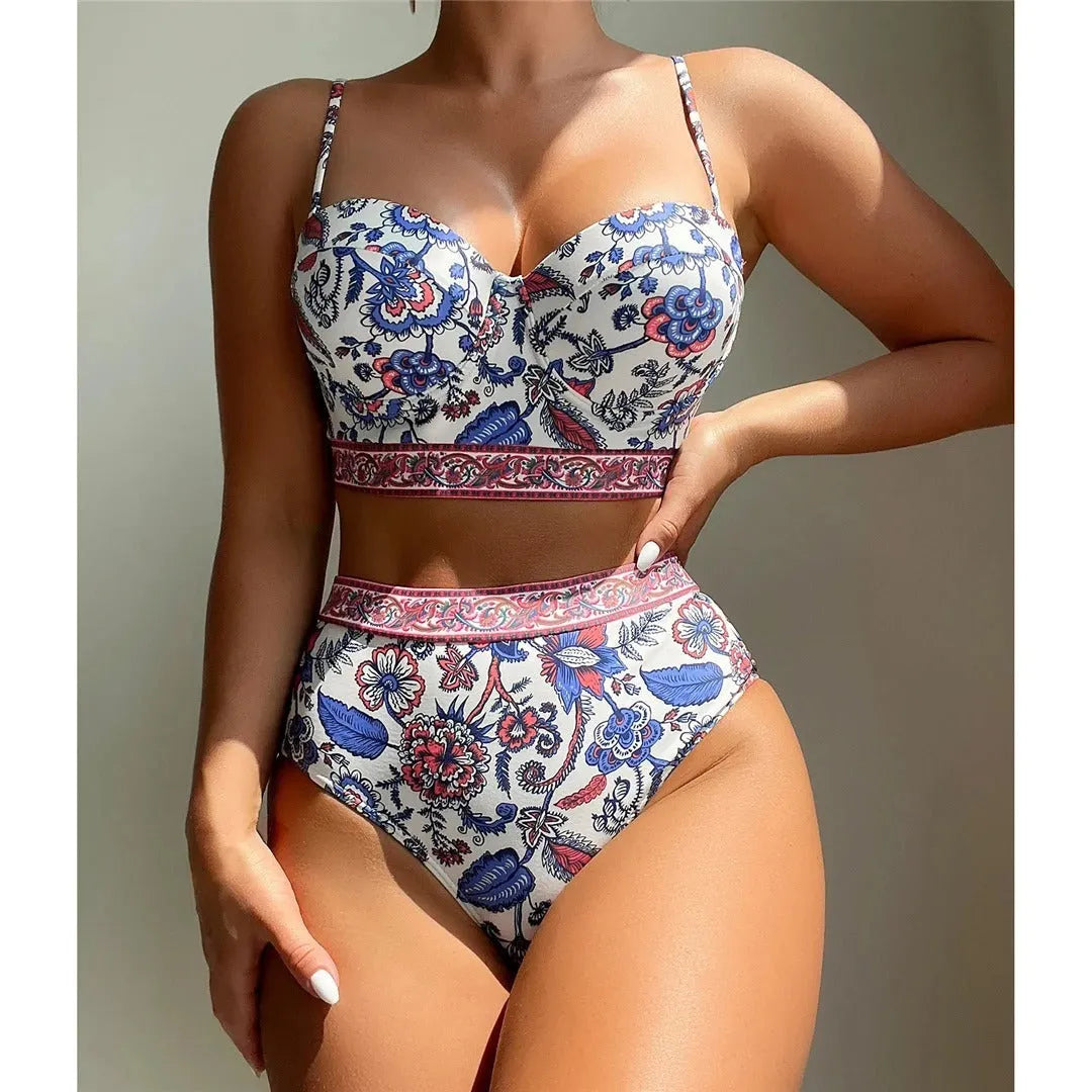 Blue women's high-waisted push-up bikini swimsuit in polyester fabric