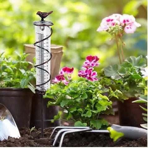 Hummingbird 01 cast iron garden rain gauge with measurement scale