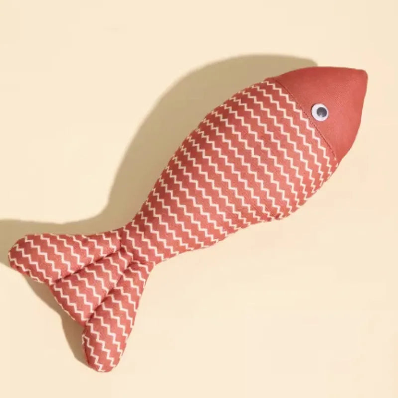 Catnip-stuffed fish toy for cats in blue, red, or yellow colours