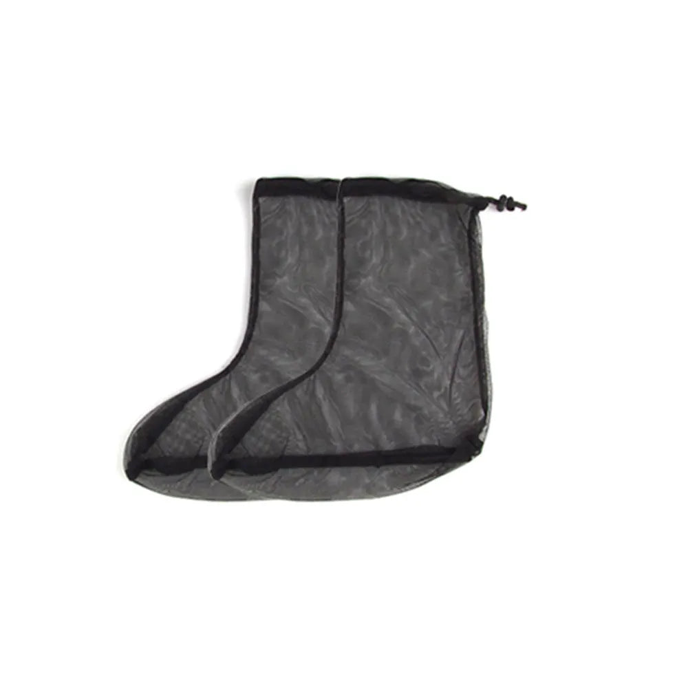 Grey mesh anti mosquito suit set showing hooded top, trousers, and booties for outdoor wear.