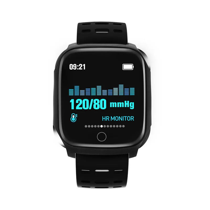 F16 smart watch with ECG function on wrist, showing black grey silicone band and 43mm IPS touchscreen display.