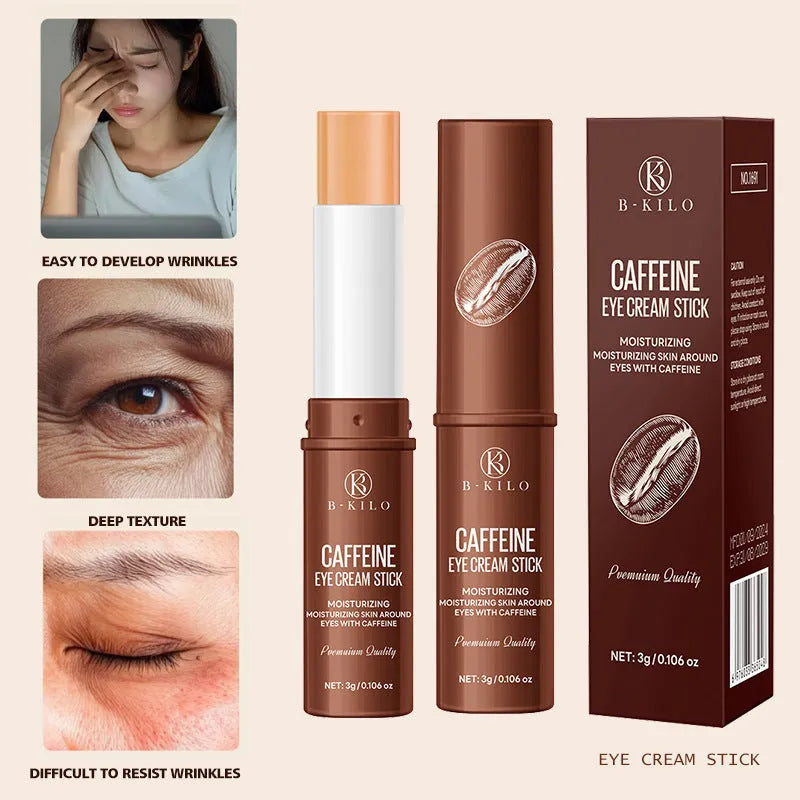 Caffeine eye cream stick in twist-up packaging, 3g net content.