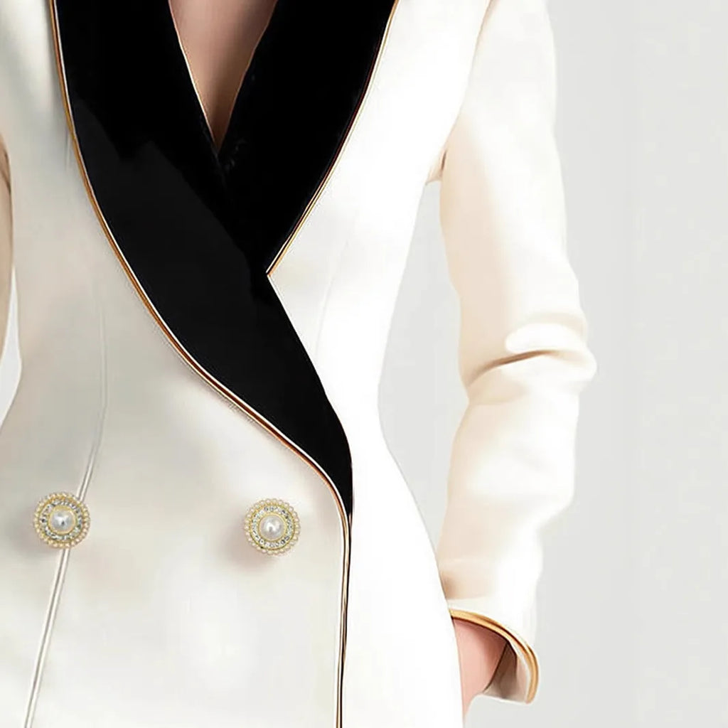 Women's beige irregular hem coat with golden pearl buttons, mid-length design