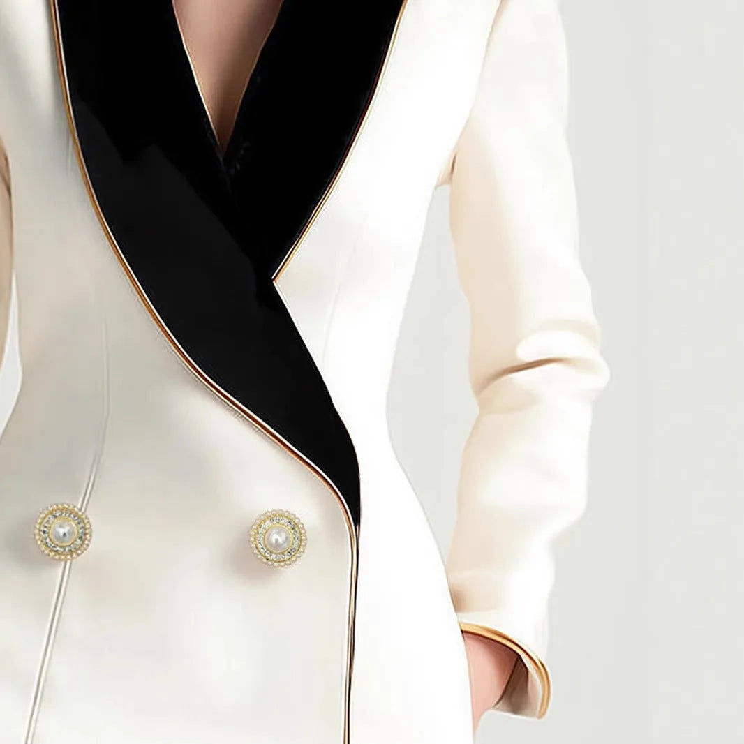 Women's beige irregular hem coat with golden pearl buttons, mid-length design