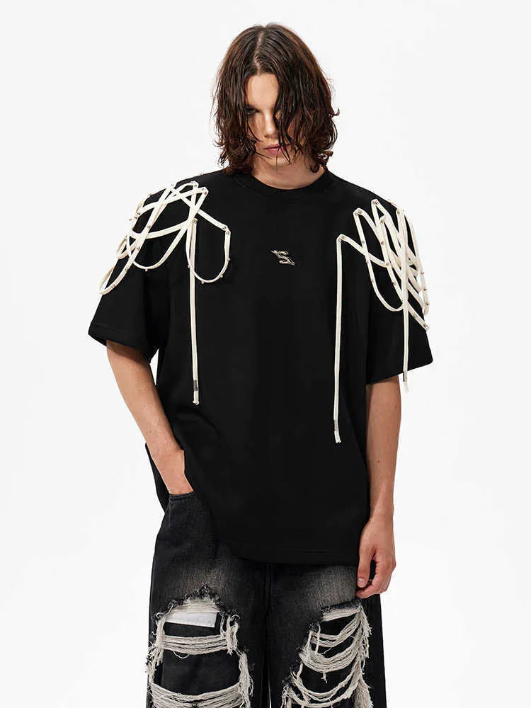 Black loose fit short sleeve T-shirt with rivet ribbon padded shoulder detail