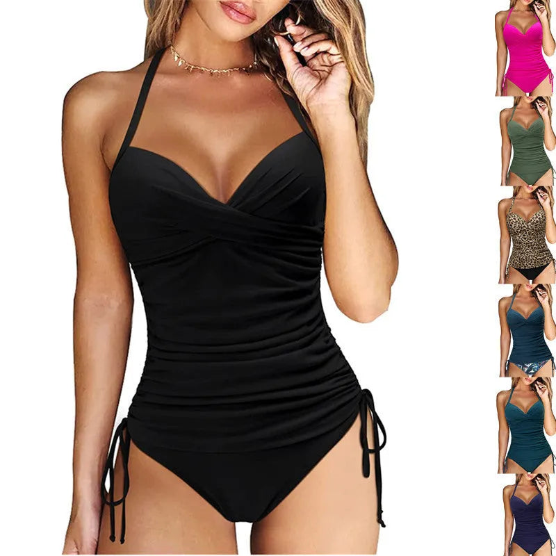 Women's black high-waisted slimming nylon swimwear set for swimming