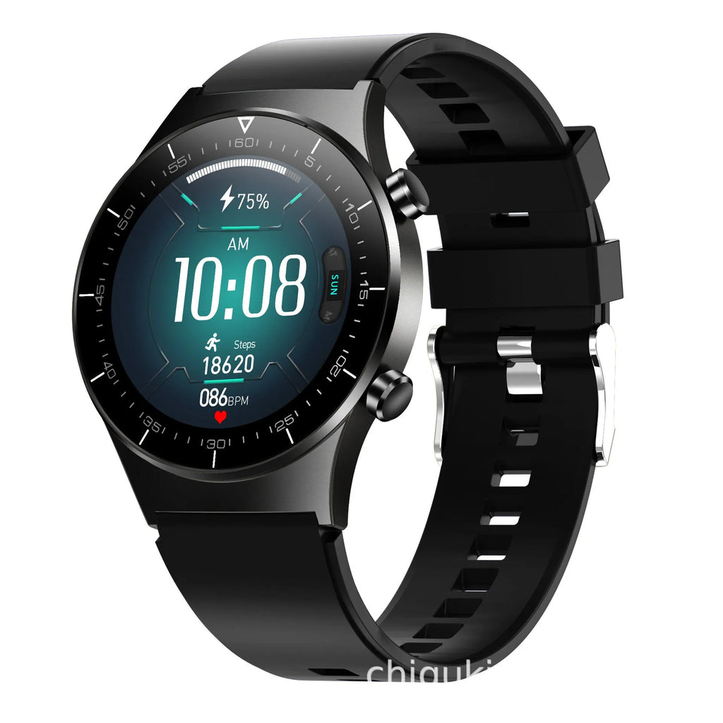 Black TPU smart watch with 1.28-inch glass touchscreen displaying heart rate and step count data