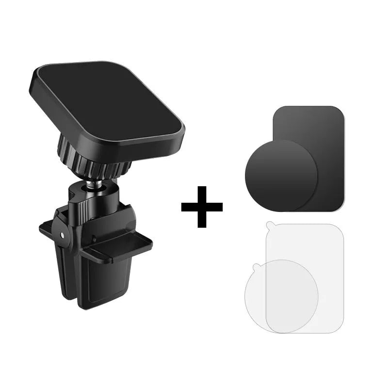 Black magnetic car phone holder attached to vehicle air vent with round head design
