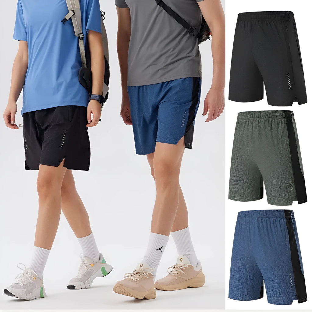 Men's forest green spandex casual shorts with mid waistband laid flat