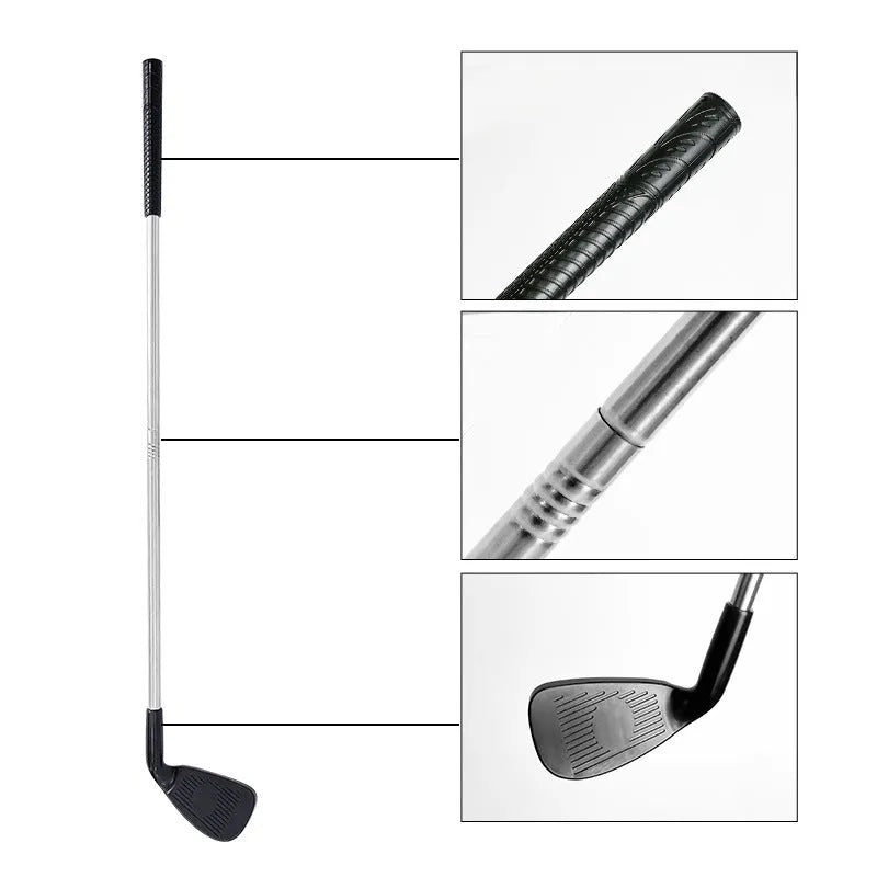 Metal golf practice club shown in children's and adult size options for outdoor sports