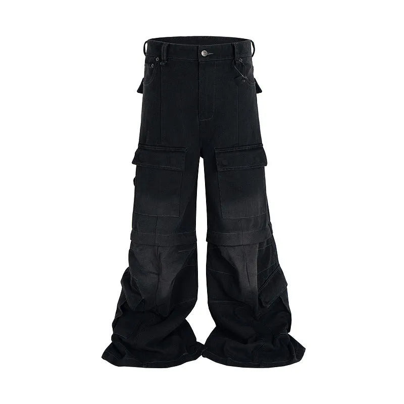 Black cotton overalls with detachable multi-pocket design and two-way zip.