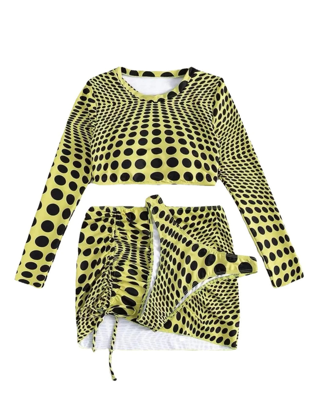 Green and yellow polka dot women's swimsuit three-piece set including top, skirt, and bra.
