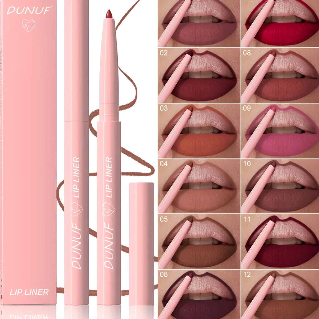 Set of 12 velvet matte lip liner pencils in different colours displayed on a white surface.