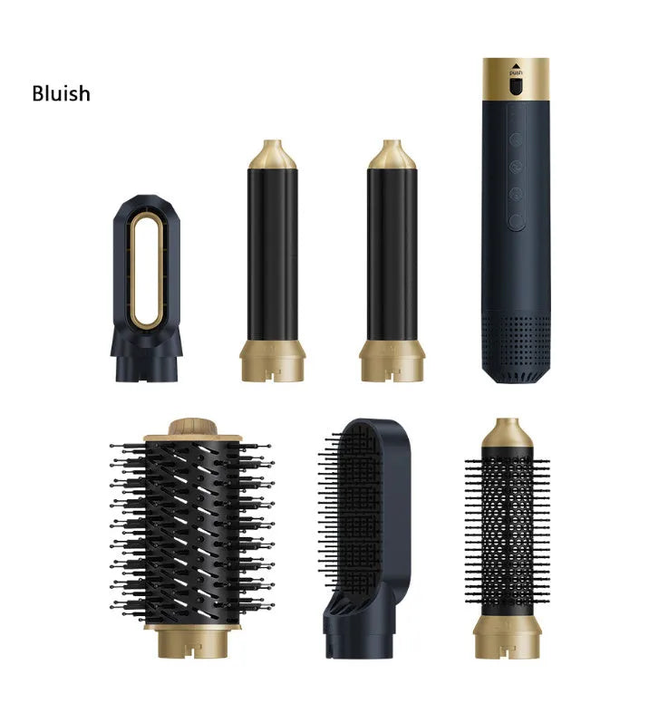 Dark blue and white 6-in-1 electric hot air styling comb with attachments in a leather case.