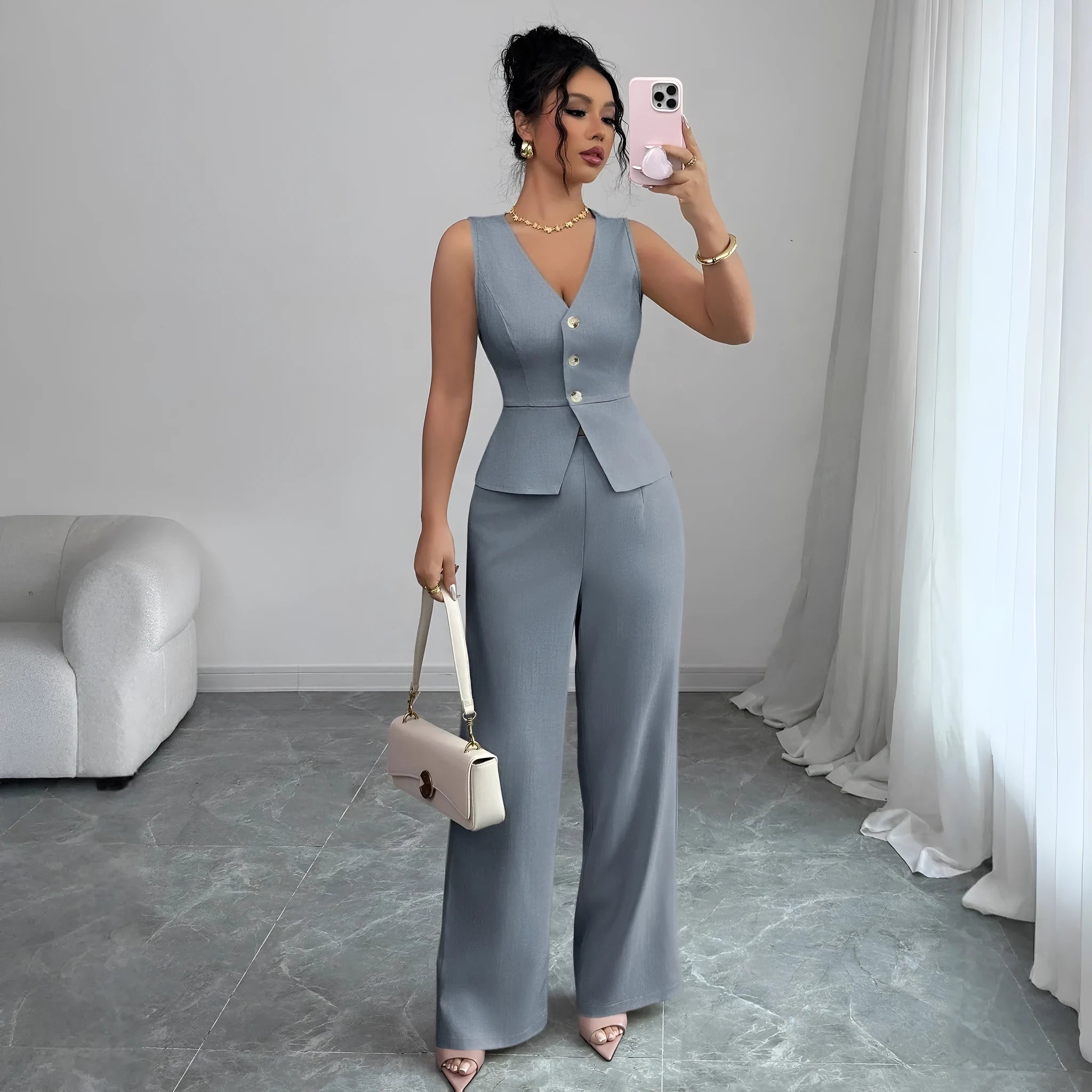 Women's solid colour sleeveless vest and high-waist trousers two-piece set in polyester casual wear