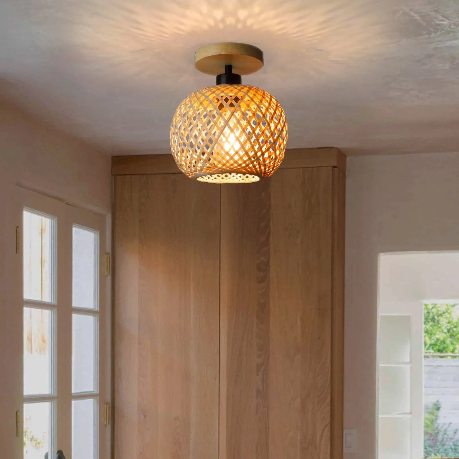 Japanese-style bamboo ceiling lamp with wood colour finish for corridor and entrance lighting