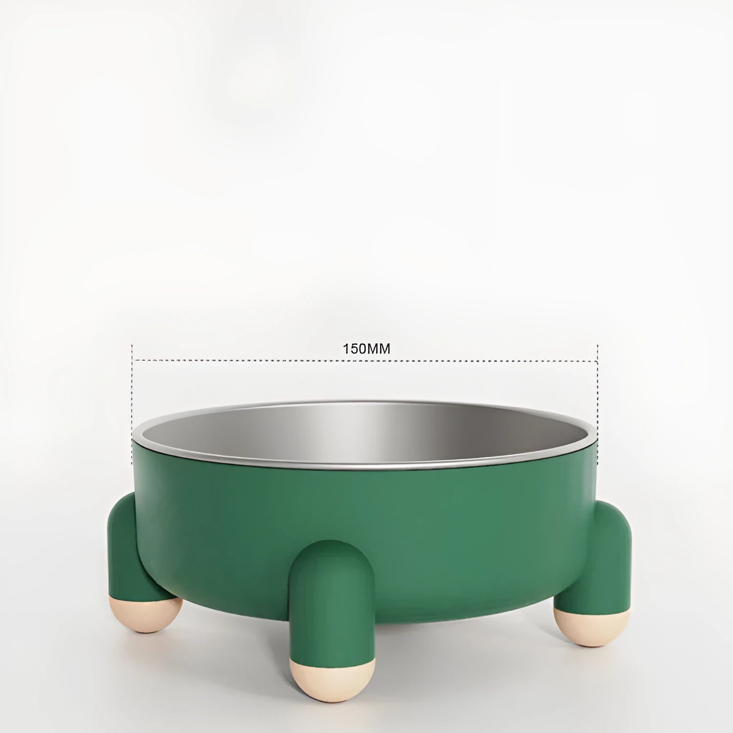 Green stainless steel pet bowl with high foot and non-slip base on a floor