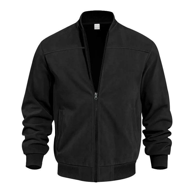 Men's plus size Army Green suede zip-up casual jacket on a hanger.