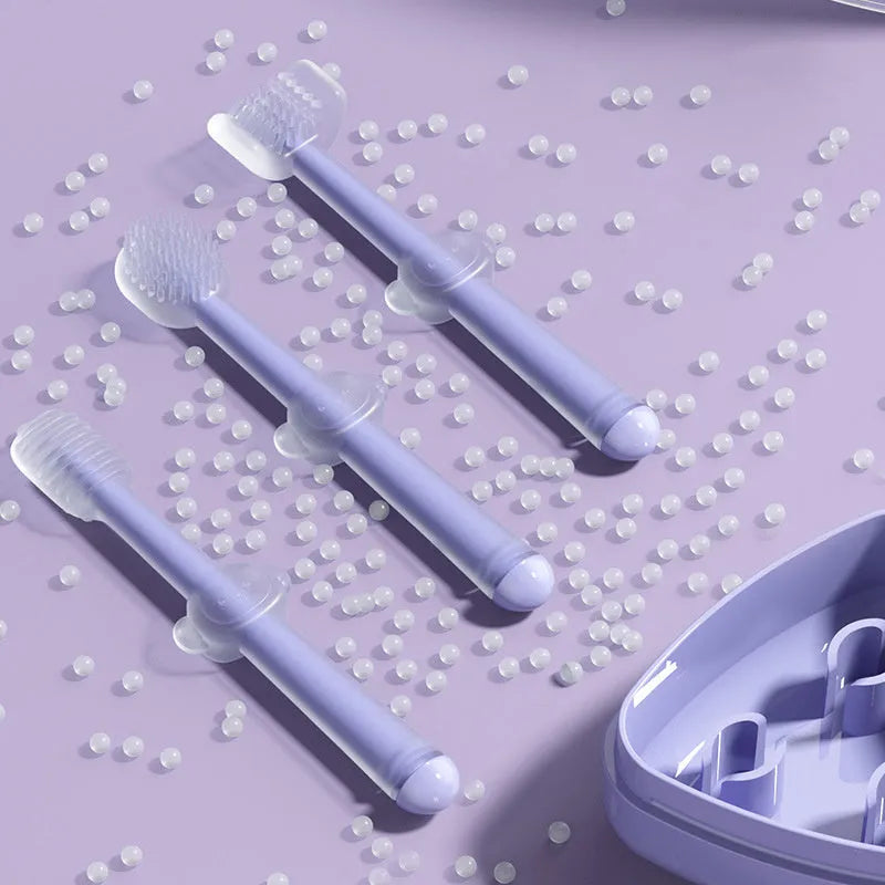 Purple pet toothbrush with flexible silicone head for cleaning cat and dog teeth