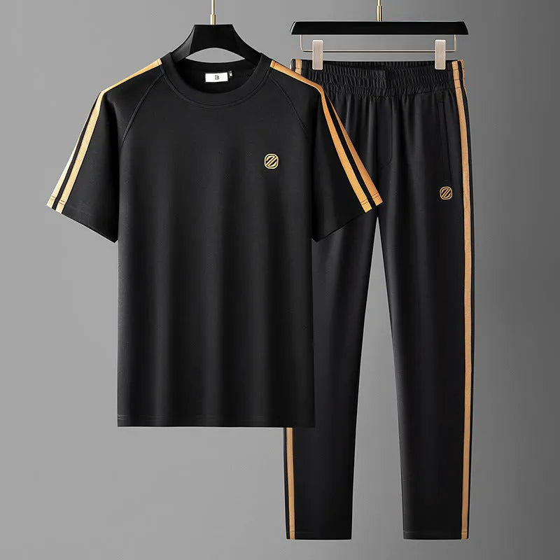 Men's blue ice silk style short sleeve suit set with top and pants