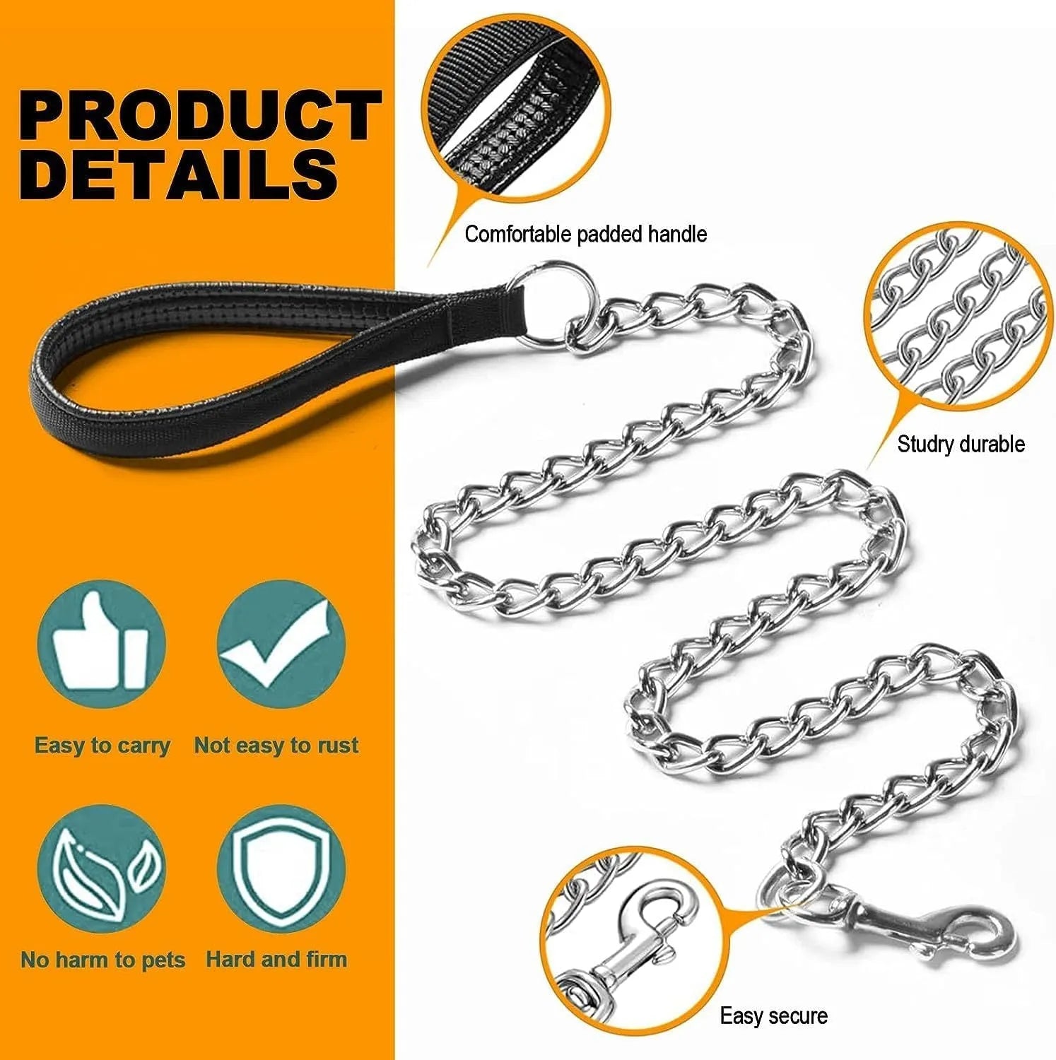 Heavy duty metal dog chain leash with soft black padded handle, shown with large dog