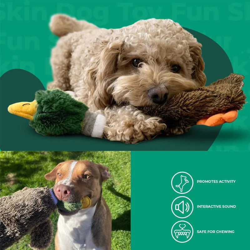 Green wild duck shaped stuffless plush dog toy with dual squeakers and a bottom fastener for bottle insertion.