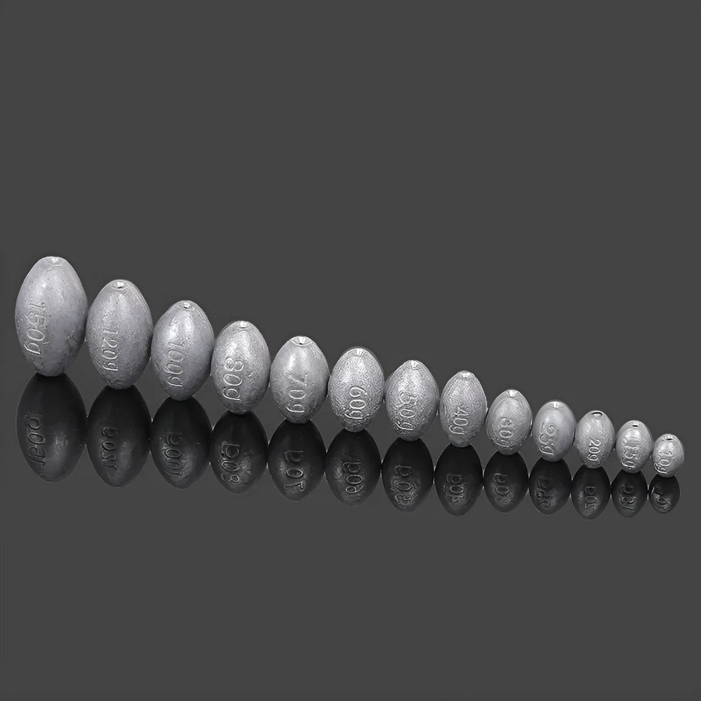 Tongxin olive-shaped lead fishing sinker with scale markings, showing rugby shape and plastic core construction.