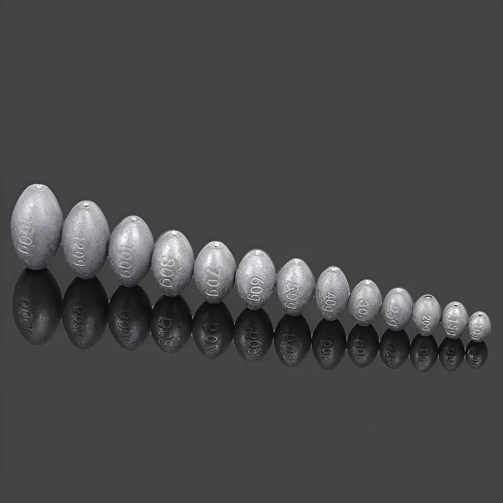 Tongxin olive-shaped lead fishing sinker with scale markings, showing rugby shape and plastic core construction.