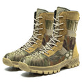 Men's black and camouflage plus size high-top combat boots with mesh upper showing totem detailing