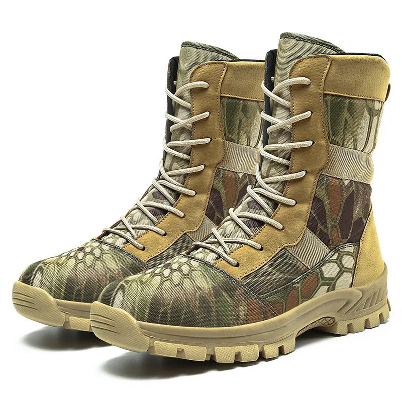 Men's black and camouflage plus size high-top combat boots with mesh upper showing totem detailing