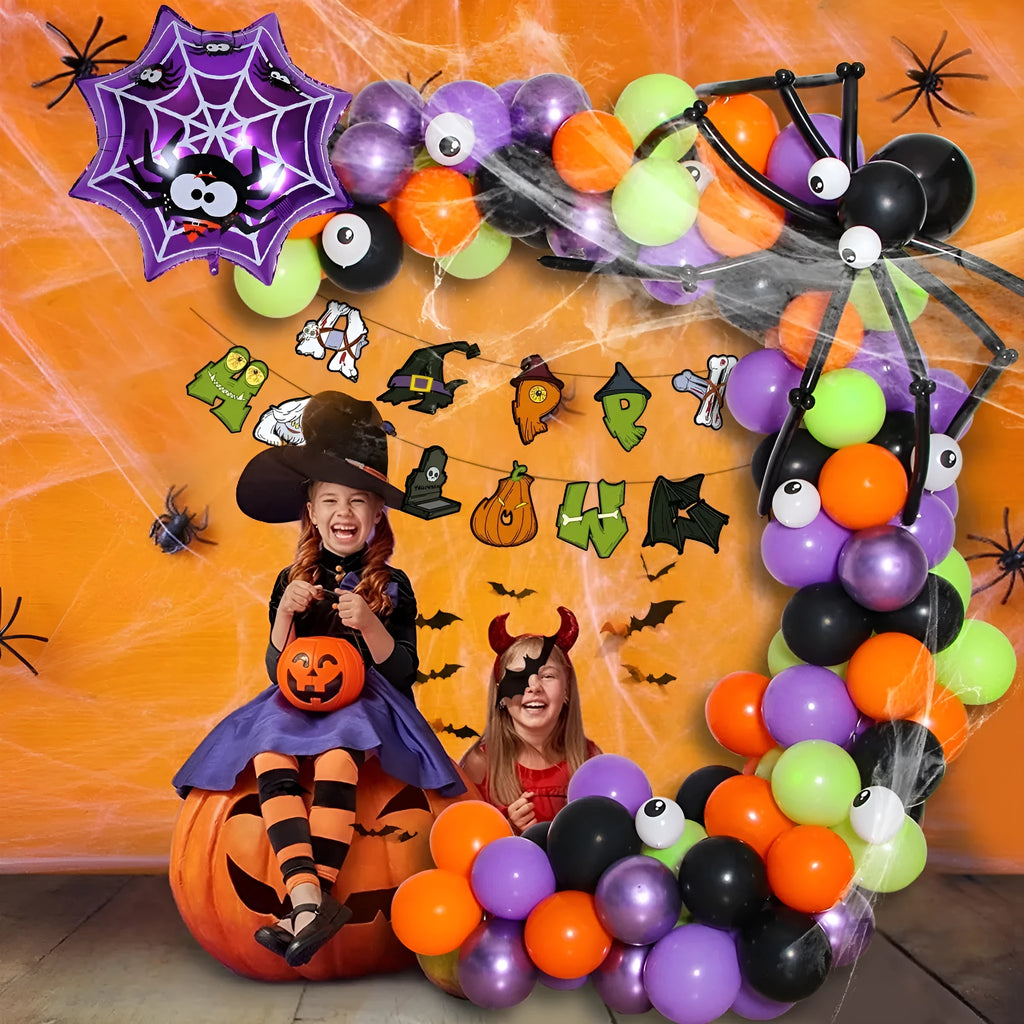 Halloween spider balloon arch decoration kit with white and black latex balloons featuring skull and pumpkin designs