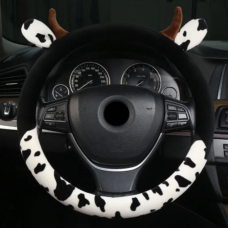 Plush car steering wheel cover with protective handle in black or coffee colour