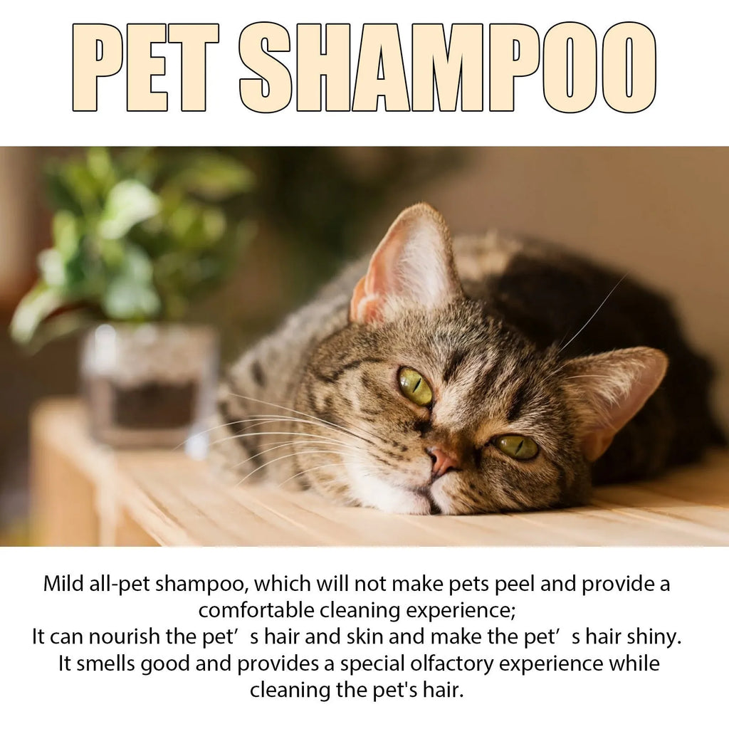 A bottle of mild pet shampoo for cats and dogs, available in 100ml and 300ml sizes.