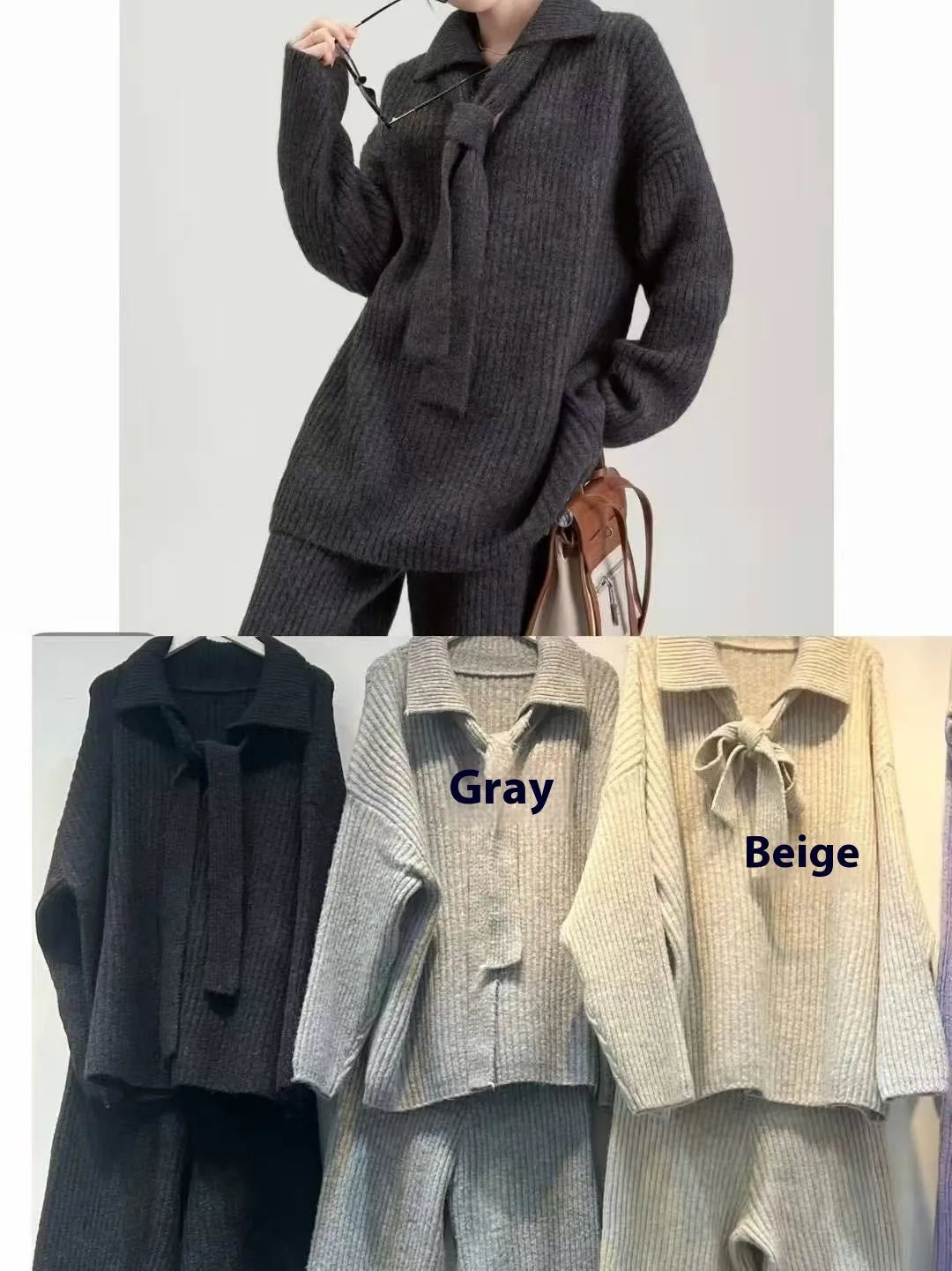 Women's dark grey knit sweater and matching trousers casual two-piece set
