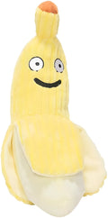 Yellow banana cat crinkle toy with plush fabric and velvet texture strip
